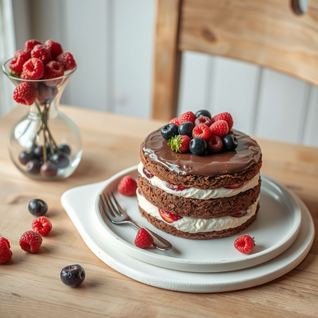 Un gâteau au chocolat décadent à trois couches, généreusement nappé d'une crème onctueuse, orné d'un assortiment vibrant de baies fraîches : fraises, myrtilles, framboises et mûres, apportant des touches colorées contrastant avec le riche brun du gâteau. Ce dessert gourmand est présenté sur une assiette blanche simple, posée sur une table en bois rustique qui renforce l'atmosphère chaleureuse et accueillante. À gauche, un vase en verre délicat contient des branches fraîches ornées de petites fleurs blanches et de feuilles vertes, complétant l'ambiance festive évoquée par le gâteau. Une tasse blanche, probablement remplie d'une boisson chaude, est posée à proximité, invitant à un moment cosy. La composition générale et l'éclairage doux créent une ambiance sereine et joyeuse, parfaite pour une réunion ou une occasion spéciale.