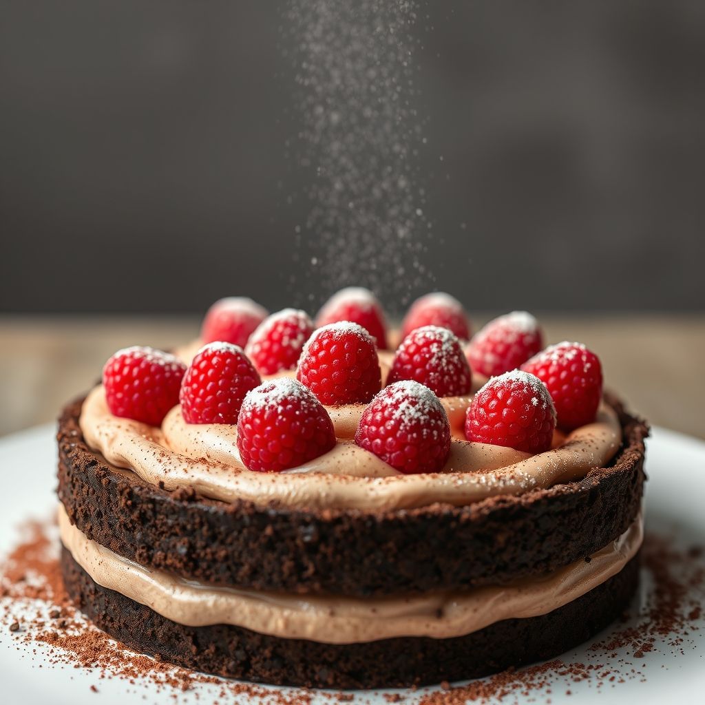 Des couches décadentes de gâteau au chocolat et mousse prennent vie dans cette part délicieuse, surmontée d'une généreuse spirale de crème fouettée et de framboises fraîches. La base riche en cacao noir contraste harmonieusement avec les textures légères et aériennes au-dessus, tandis que les framboises rouges vibrantes apportent une touche d'acidité et de couleur. Une fine poudre de copeaux de chocolat complète l'ensemble, incitant à la gourmandise. Le décor comprend une couverture douce et texturée aux tons neutres, avec des touches de verdure en arrière-plan flou, renforçant l'atmosphère cosy et accueillante. La composition générale dégage de la chaleur, parfaite pour une douceur à tout moment.