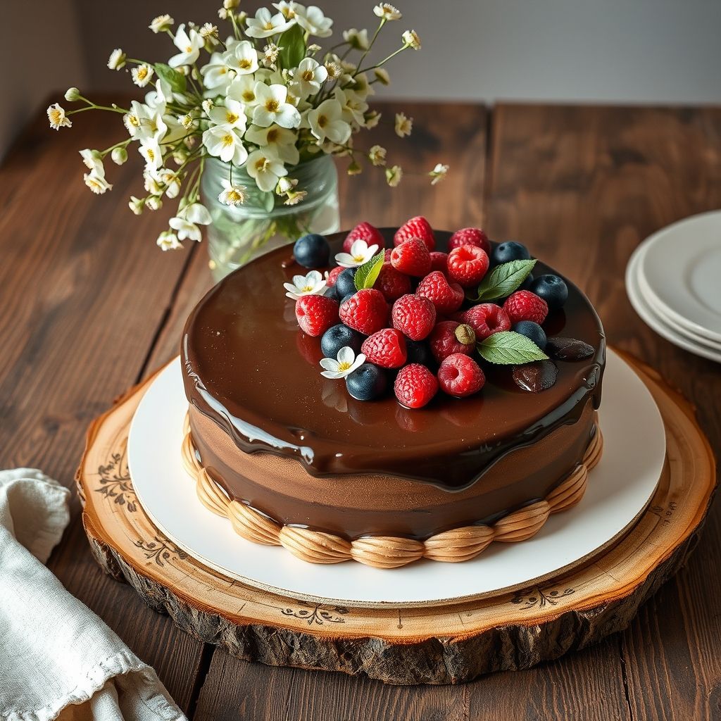 Un gâteau au chocolat délicieux à trois couches trône au centre, orné d'un assortiment vibrant de baies fraîches, comprenant fraises, framboises, myrtilles et mûres, nichées sur une riche crème au chocolat. Le gâteau repose sur une assiette blanche simple, élégamment posée sur une table en bois rustique qui ajoute une touche chaleureuse à la scène. À proximité, un vase transparent déborde de délicates fleurs blanches et de feuilles vertes fraîches, renforçant la fraîcheur et l'esprit printanier de l'ensemble. Une tasse blanche, probablement garnie d'une boisson chaude, complète une ambiance conviviale, baignée de lumière naturelle douce, évoquant une atmosphère de célébration et de gourmandise.