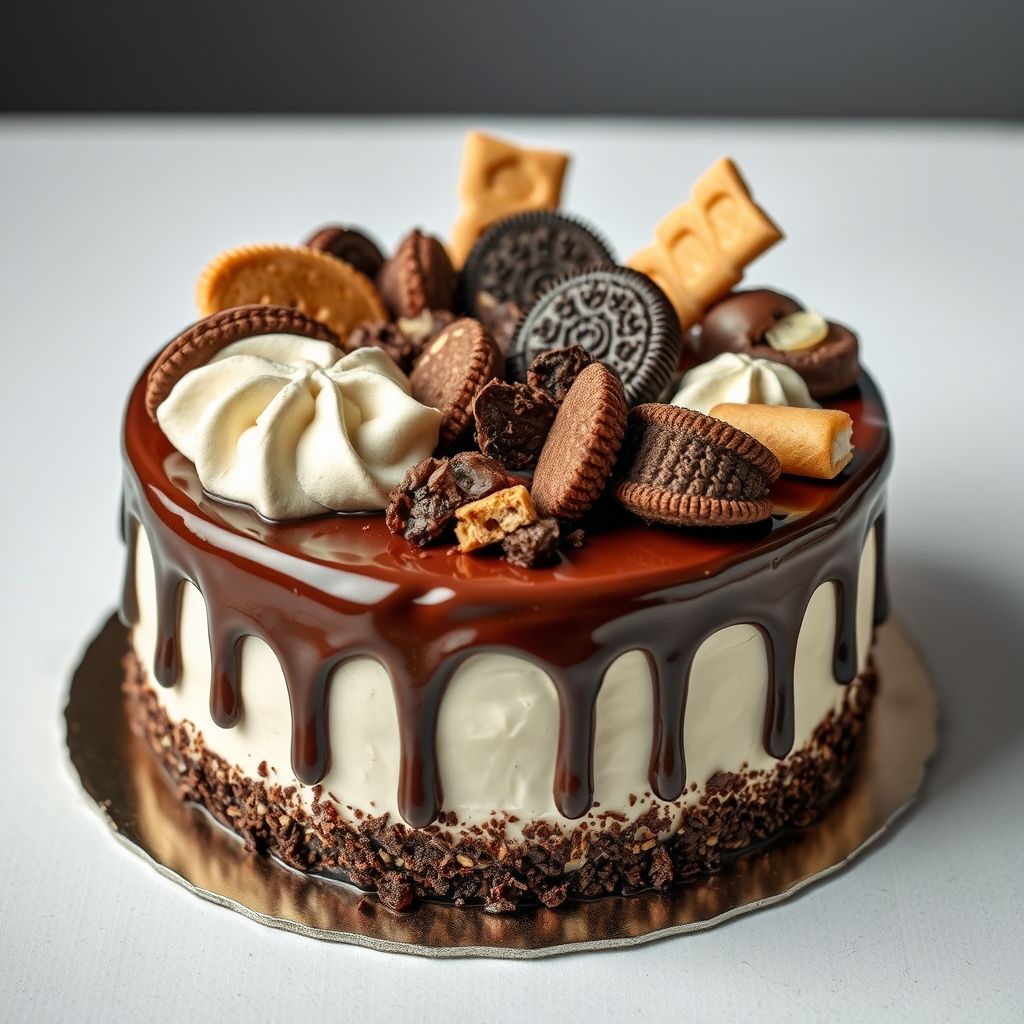 Un gâteau au chocolat décadent se présente en pièce maîtresse, arborant un glaçage ganache au chocolat riche et brillant qui coule délicieusement sur les côtés, contrastant magnifiquement avec son glaçage blanc lisse en dessous. Orné d'un assortiment somptueux de garnitures, incluant des biscuits Oreo, des barres de chocolat et des wafers au chocolat finement décorés, la surface du gâteau est un véritable festin visuel, évoquant gourmandise et célébration. Les ombres douces suggèrent une lumière tamisée, avec un fond lavande délicat qui met en valeur les détails vibrants du gâteau et invite à une atmosphère chaleureuse et sucrée. La composition est joyeuse et abondante, créant une ambiance luxueuse et tentante qui laisse présager de délicieux goûts à savourer.