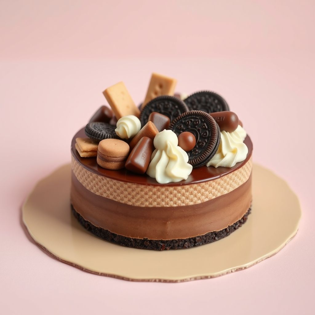 Un gâteau au chocolat somptueux repose sur une assiette beige clair, sa ganache au chocolat semi-sucré dévalant élégamment les côtés avec un effet brillant de coulure. Surmonté d'un assortiment gourmand d'éléments chocolatés, incluant des biscuits Oreo riches, des barres de chocolat délicates et des wafers au chocolat finement décorés, le gâteau offre un festin visuel de contrastes entre brun foncé et blanc crémeux. Le fond pastel rose doux complète l'élégance de la présentation, renforçant l'attrait gourmand du dessert. De petites pépites de chocolat et des confiseries rondes dispersées autour à la base ajoutent à la scène appétissante, évoquant célébration et délice dans chaque détail délicieux.