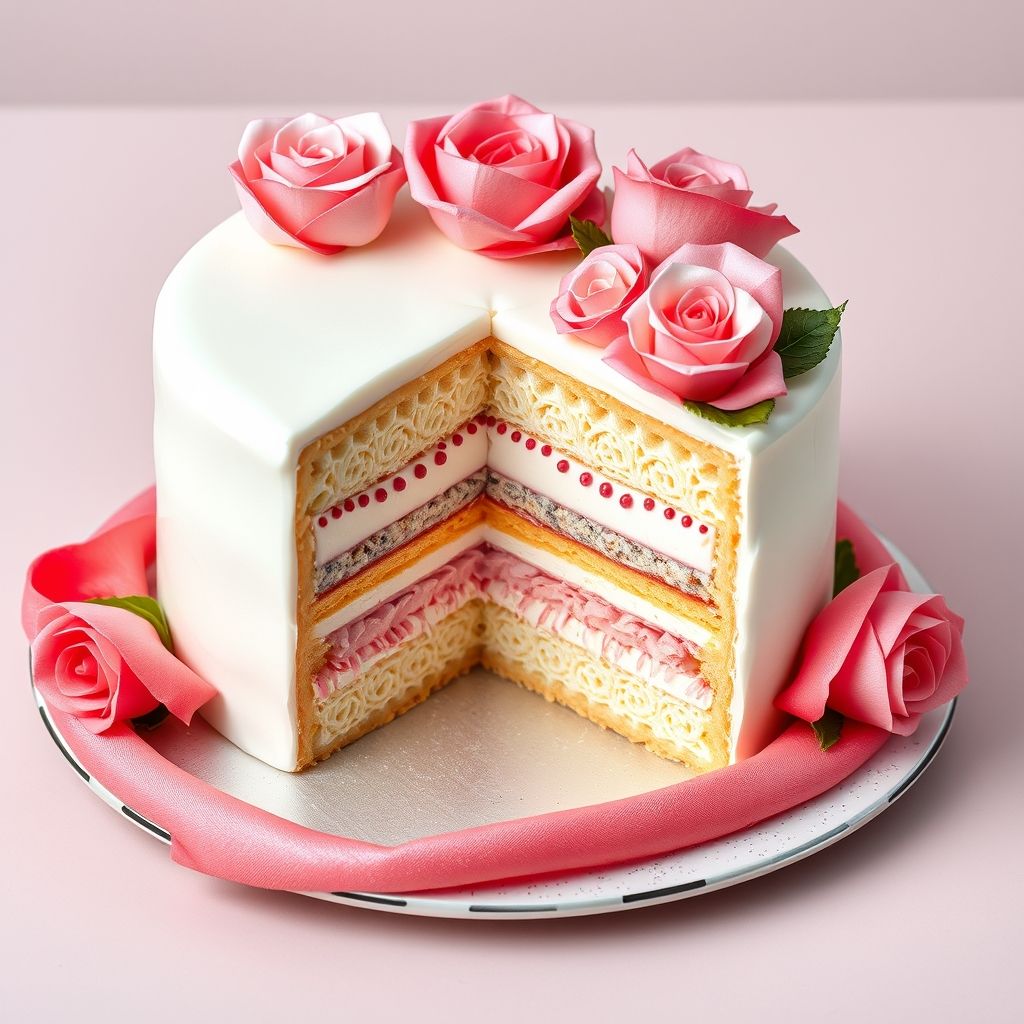 Un gâteau magnifiquement superposé séduit par ses douces teintes roses et ses détails de glaçage délicats, dévoilant un intérieur luxuriant mêlant nuances de rose et de blanc. Le gâteau présente plusieurs couches de biscuit séparées par une crème onctueuse, et est décoré d'éléments finement réalisés, comprenant des volutes et roses en glaçage. Sur un fond neutre, il est présenté sur une assiette ronde accompagnée d'un tissu rose doux drapé à côté, ajoutant une touche chaleureuse. L'apparence invitante suggère une ambiance festive, idéale pour une occasion spéciale, évoquant douceur et plaisir.