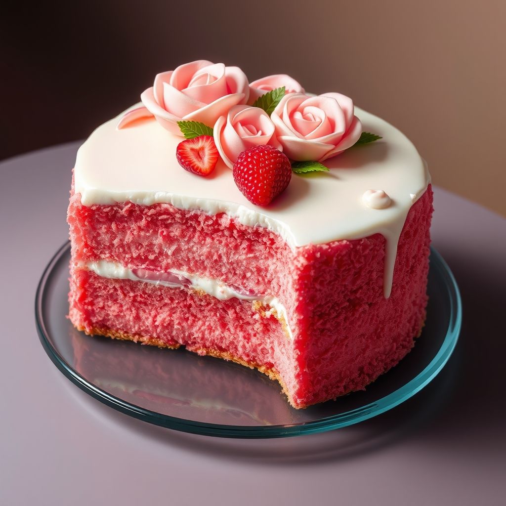 Des couches luxuriantes d'un gâteau ombré rose attirent avec leur texture douce et veloutée, présentant trois nuances distinctes mais harmonieuses de rose, complétées par des volutes de glaçage plus clair et plus foncé. Une part parfaite a été soigneusement retirée, révélant les couches délicieuses de gâteau à la fraise, entrelacées de glaçage blanc crémeux qui contraste élégamment avec les couleurs vives du gâteau. Le glaçage décoratif sur le dessus présente des rosettes délicates et des accents nacrés, ajoutant une touche artistique à la présentation globale. Posé sur une assiette beige douce, le gâteau est accompagné d'un tissu rose pastel doux, créant une atmosphère chaleureuse et invitante qui suggère une occasion festive. L'image rayonne une sensation sucrée et joyeuse, idéale pour un rassemblement spécial ou une pause gourmande l'après-midi.