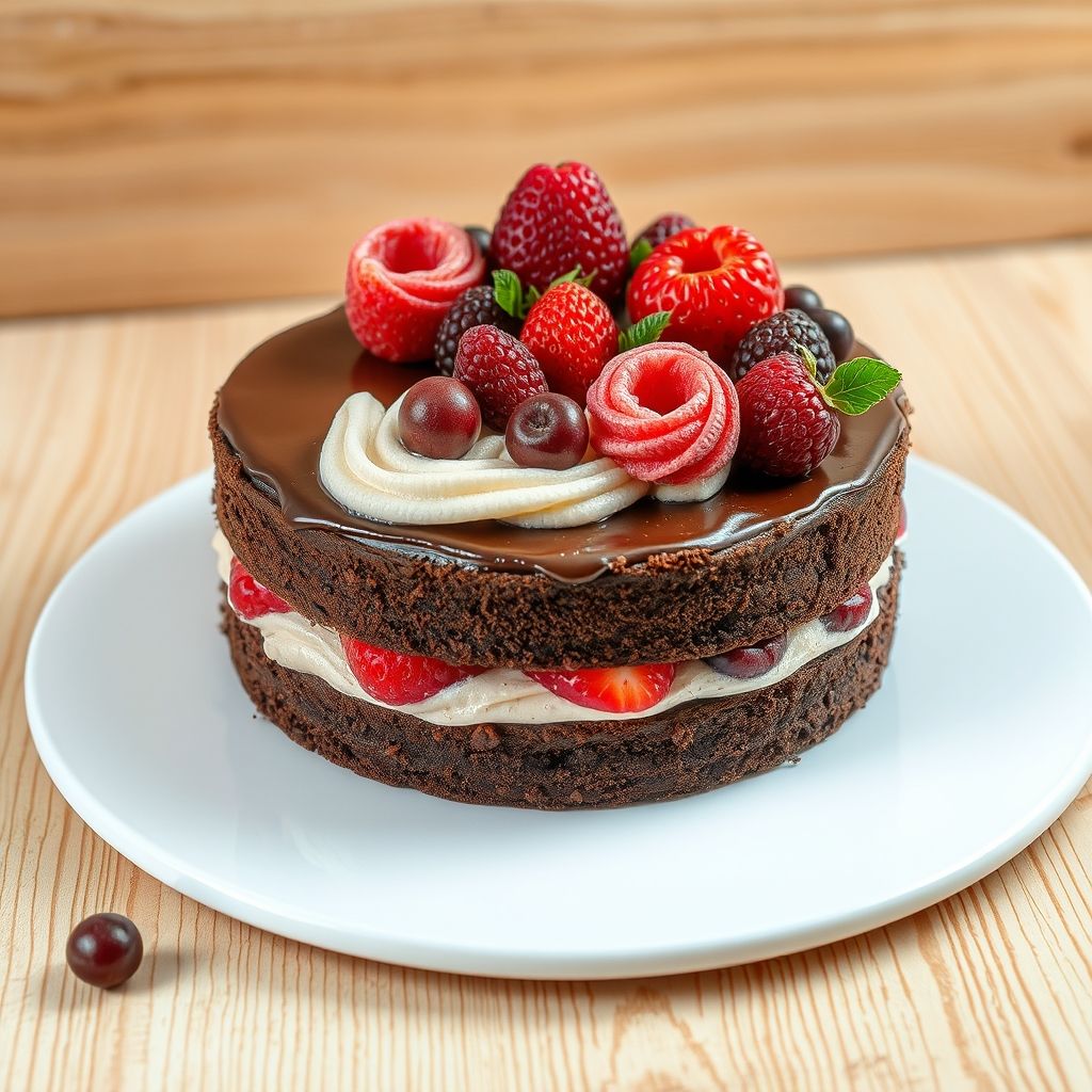 Des couches de délice crémeux composent un gâteau joliment travaillé, mêlant chocolat riche, baies roses douces et crème fouettée légère, couronné élégamment de fraises fraîches, framboises et myrtilles. Une généreuse part a été coupée, dévoilant des strates colorées qui séduisent par leur jeu de textures et saveurs. Le gâteau repose sur une assiette blanche simple, créant un contraste marqué avec la surface en bois chaud en arrière-plan, suggérant un cadre cosy et convivial. Une lumière douce naturelle met en valeur les couleurs vives et la brillance des fruits et de la crème, invitant à savourer cette délicieuse gourmandise parfaite pour les célébrations. L'ambiance générale est celle de l'indulgence et de la douceur, invitant chacun à déguster une part de ce dessert exquis.