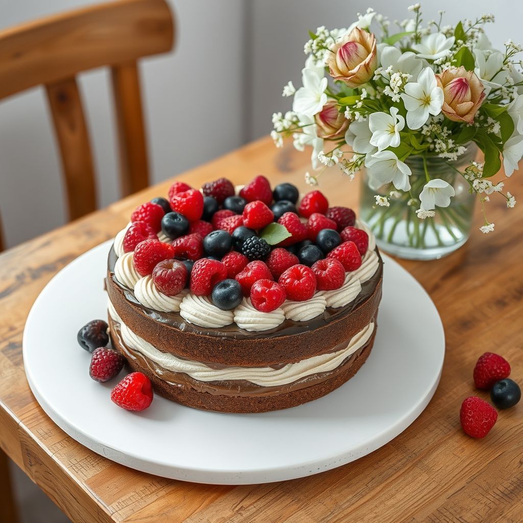 Un gâteau au chocolat décadent à trois couches trône au centre, orné d'un assortiment vibrant de baies fraîches, comprenant fraises, framboises, myrtilles et mûres, nichées sur une riche crème au chocolat. Le gâteau repose sur une assiette blanche simple, élégamment posée sur une table en bois rustique qui ajoute une touche chaleureuse à la scène. À proximité, un vase transparent déborde de délicates fleurs blanches et de feuilles vertes fraîches, renforçant la fraîcheur et l'esprit printanier de l'ensemble. Une tasse blanche, probablement garnie d'une boisson chaude, complète une ambiance conviviale, baignée de lumière naturelle douce, évoquant une atmosphère de célébration et de gourmandise.