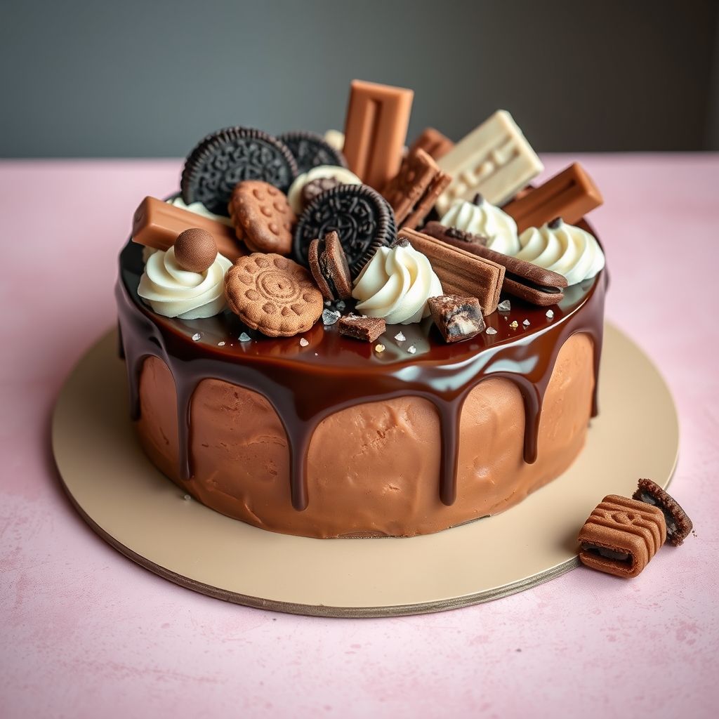 Un gâteau au chocolat somptueux repose sur une assiette beige clair, sa ganache au chocolat semi-sucré dévalant élégamment les côtés avec un effet brillant de coulure. Surmonté d'un assortiment gourmand d'éléments chocolatés, incluant des biscuits Oreo riches, des barres de chocolat délicates et des wafers au chocolat finement décorés, le gâteau offre un festin visuel de contrastes entre brun foncé et blanc crémeux. Le fond pastel rose doux complète l'élégance de la présentation, renforçant l'attrait gourmand du dessert. De petites pépites de chocolat et des confiseries rondes dispersées autour à la base ajoutent à la scène appétissante, évoquant célébration et délice dans chaque détail délicieux.